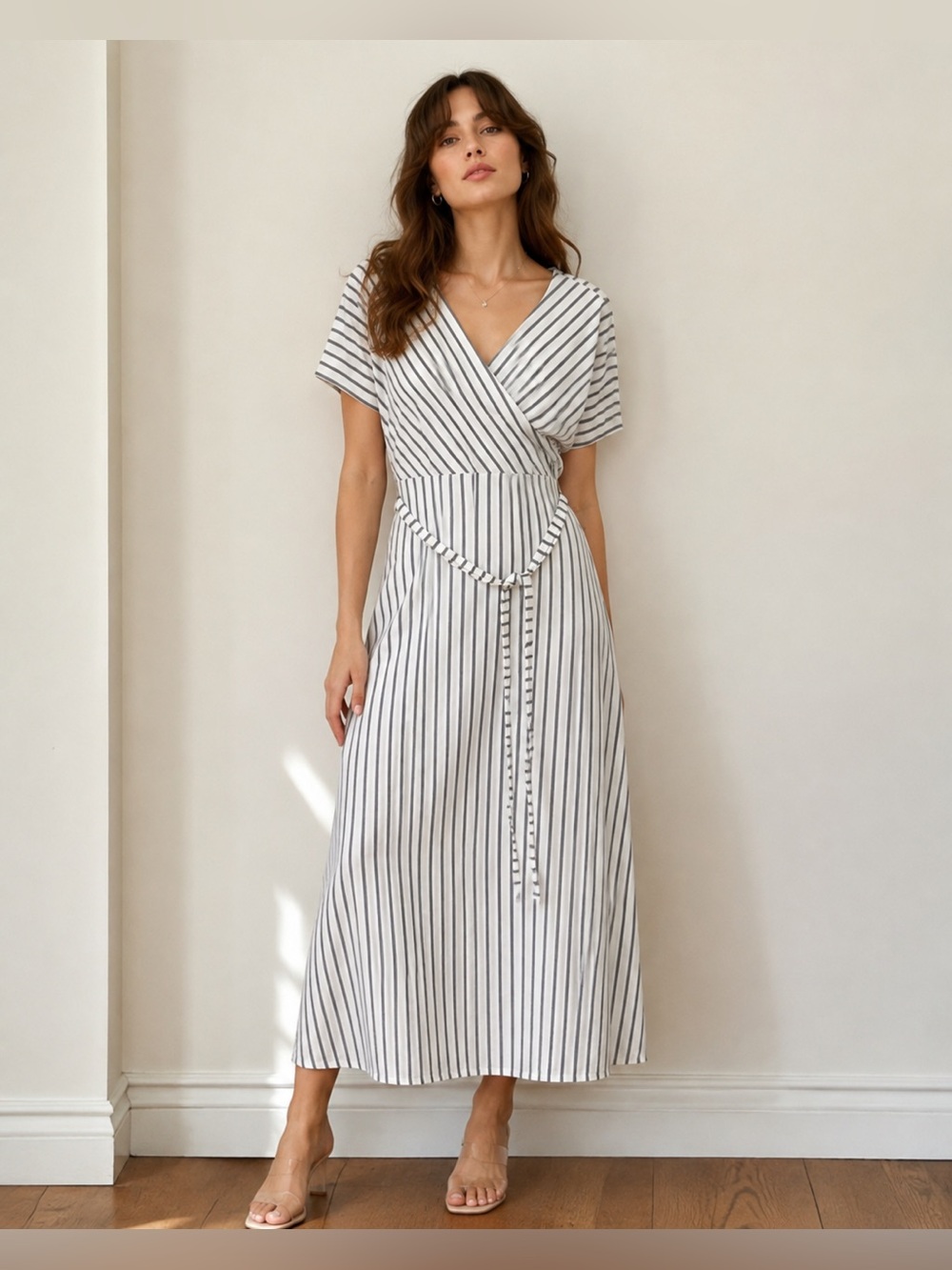 Betsey’s Boutique Shop Gray & White Striped Wrap Maxi Dress - Size M